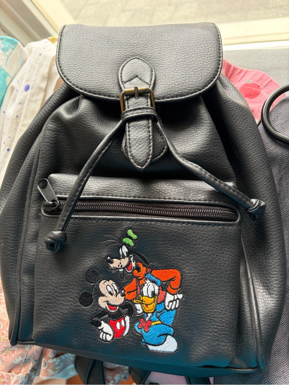 Vintage Walt Disney World Black Faux Leather Embroidered Drawstring Backpack